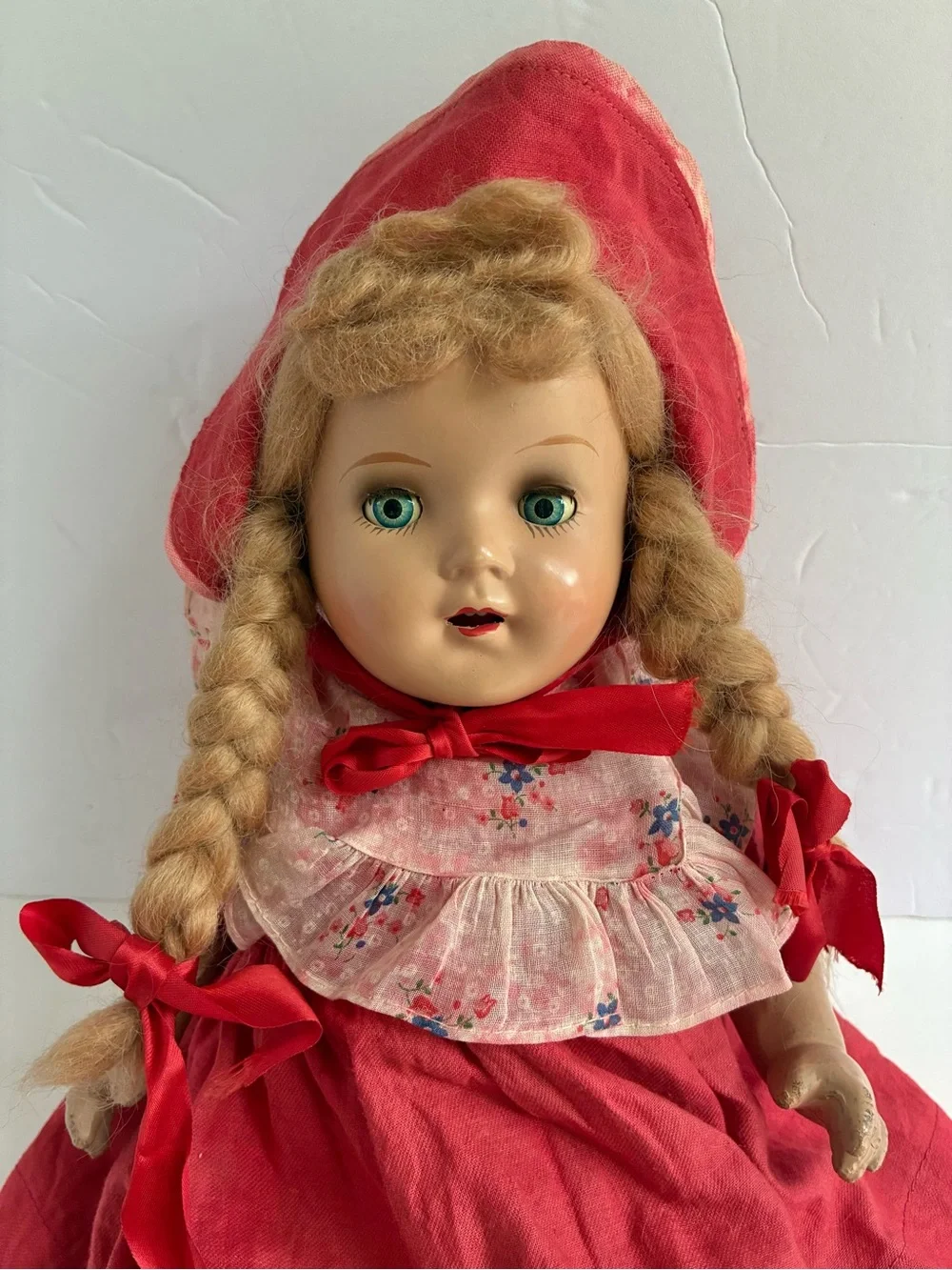 Vintage 40s 50s Composition Doll Red Dress Hat 18” Hard Plastic Rare
